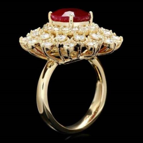 6.00Ct Natural Red Ruby & Diamond 14KY Gold Ring